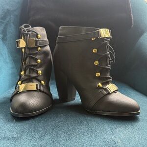 Michael Antonio Black Heeled Boots with Gold Details